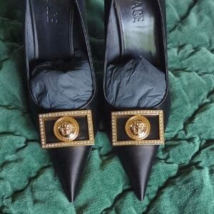 Versace Black and Gold Heels with Medallion Detail